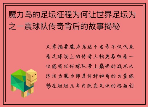 魔力鸟的足坛征程为何让世界足坛为之一震球队传奇背后的故事揭秘