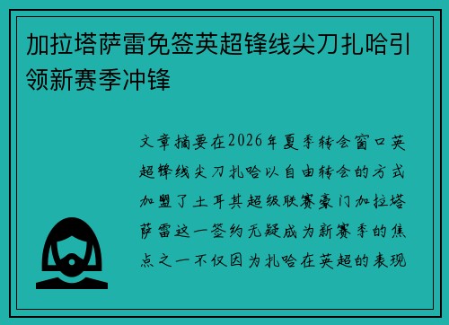 加拉塔萨雷免签英超锋线尖刀扎哈引领新赛季冲锋